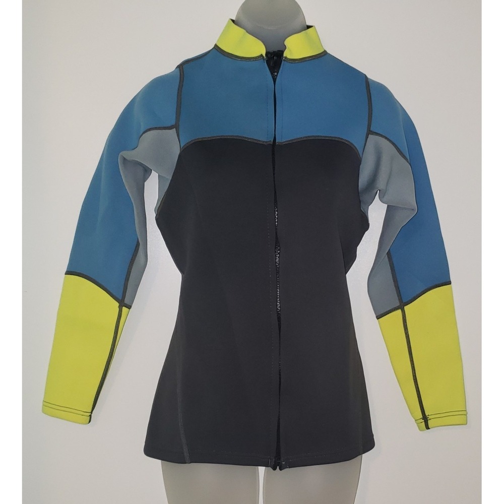 Neoprene Wet Suit Jacket Full Zip Mock Neck Collar Size 12 Blue/Yellow/ Black - Picture 2 of 12